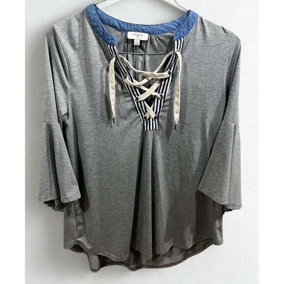 Umgee Tops - Umgee Tunic Top Womens Small Gray Boho Drawstring V Neck Bell Sleeve Blouse